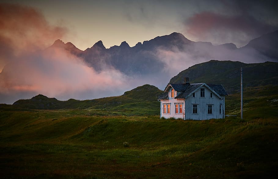 white and gray house near mountain under cloud, white wooden house in the middle of the valley HD wallpaper