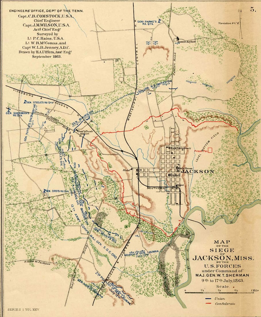 September 1863 map of the Siege of Jackson, Mississippi, civil war