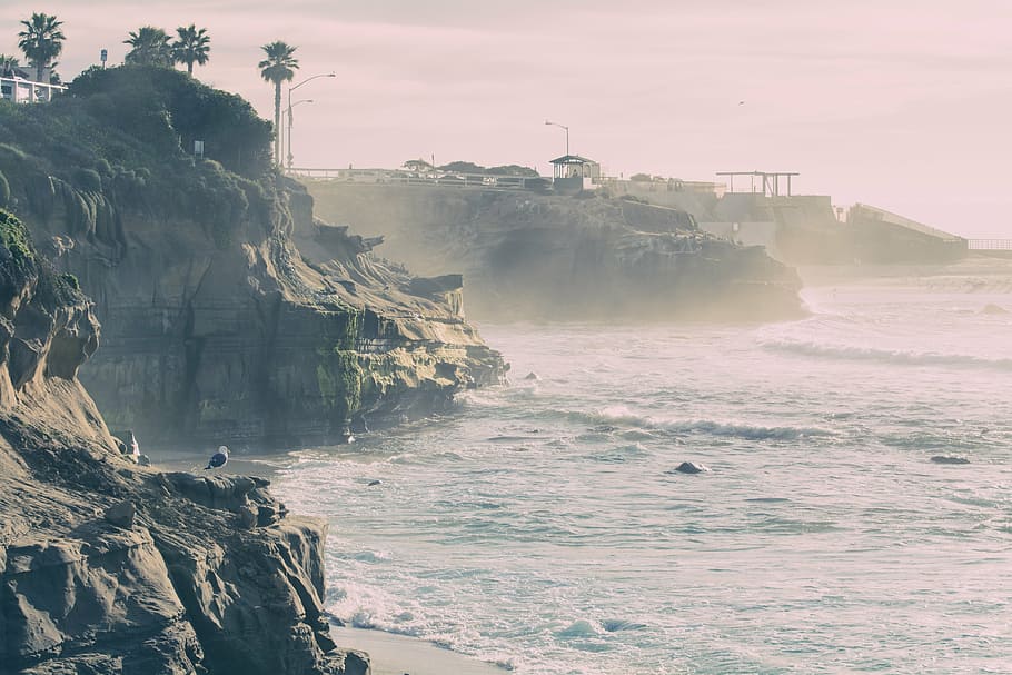 beach, coast, ocean, rock, sea, shore, water, waves, cliff HD wallpaper