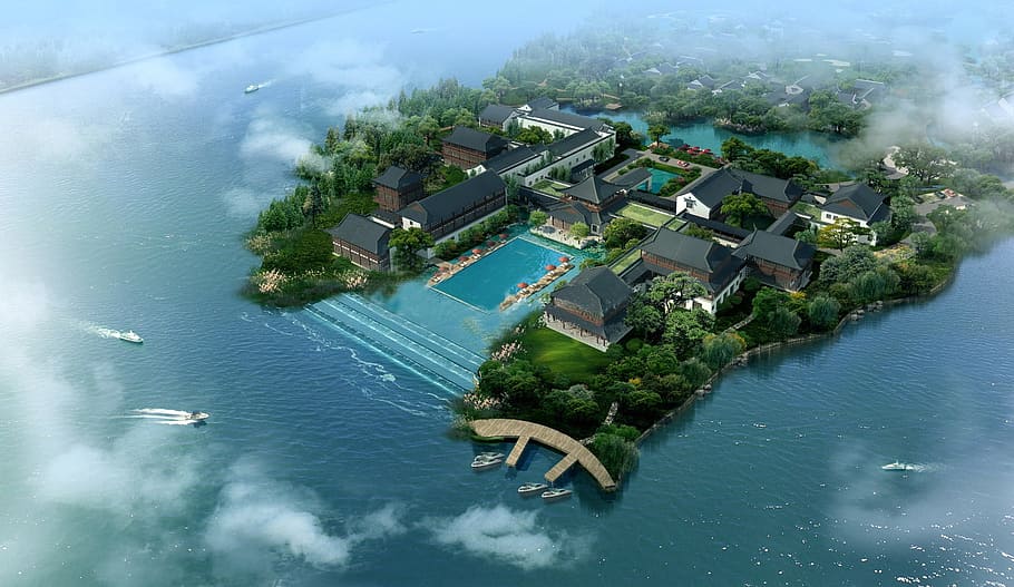 Garden, Hotel, effect, water, aerial View, nature, river, outdoors HD wallpaper