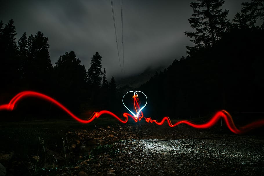 timelapse of heart shape with silhouette of trees, red and white light illustration HD wallpaper