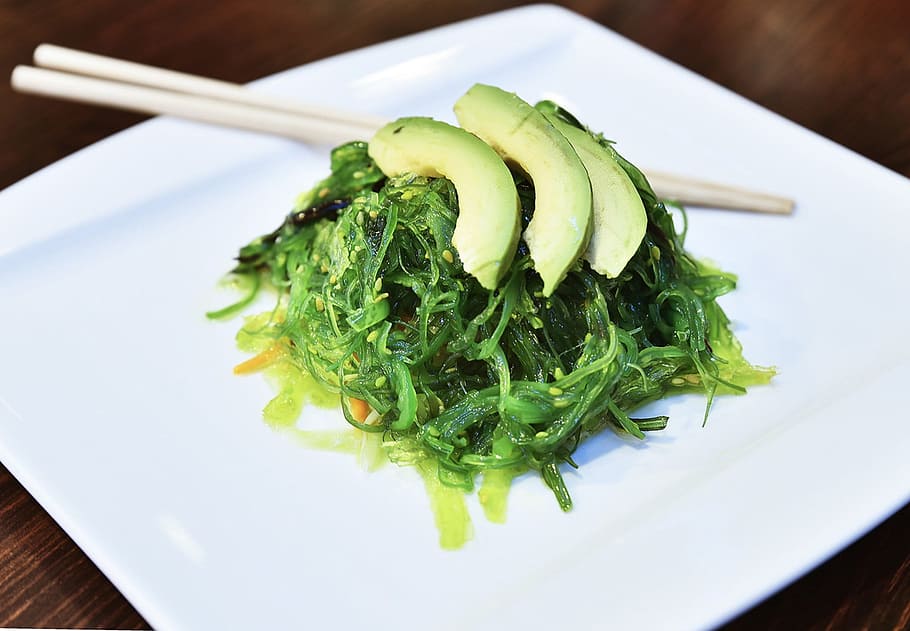 vegetable salad in plate, food, wakame, cooking, seaweed, healthy eating, HD wallpaper