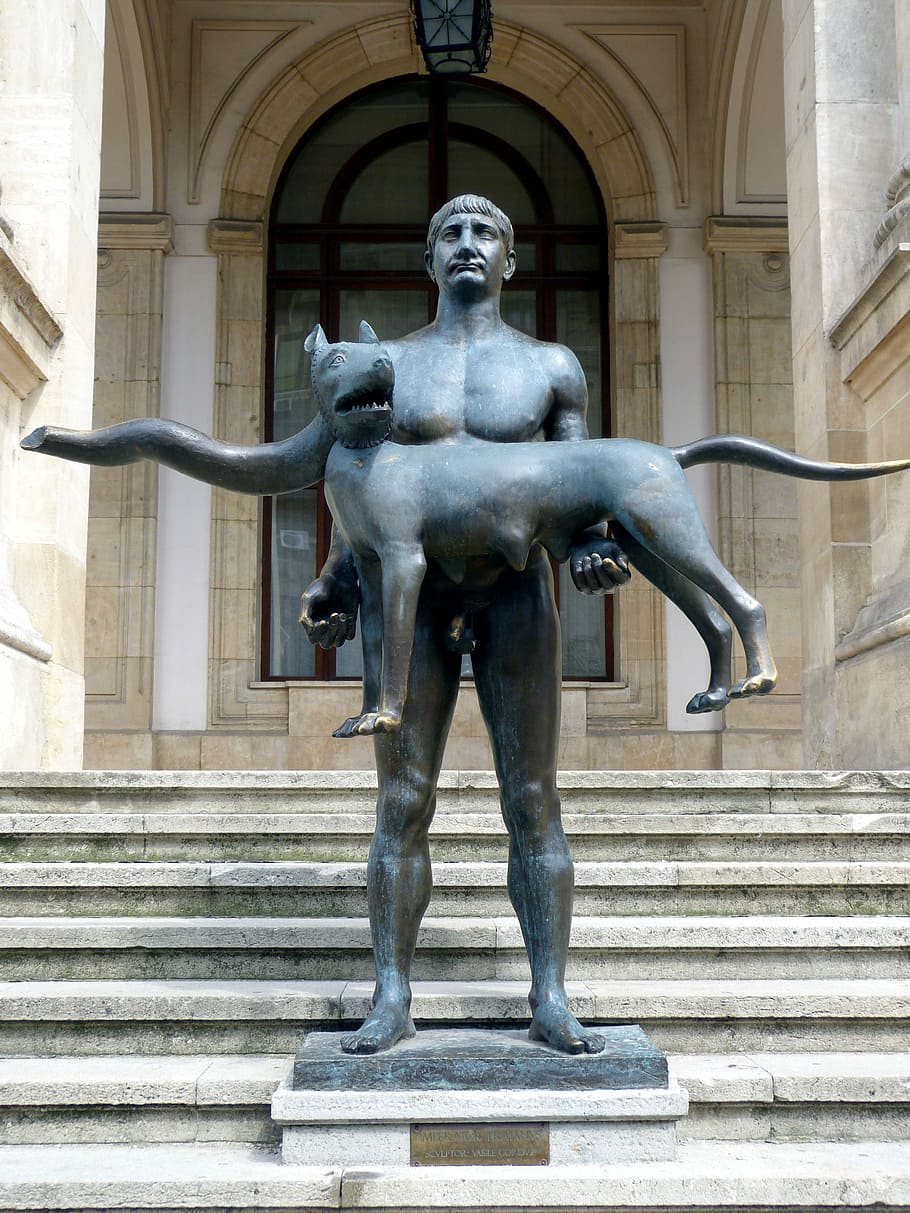sculpture, art, artwork, statue, man, wolf, dog, body, figure HD wallpaper