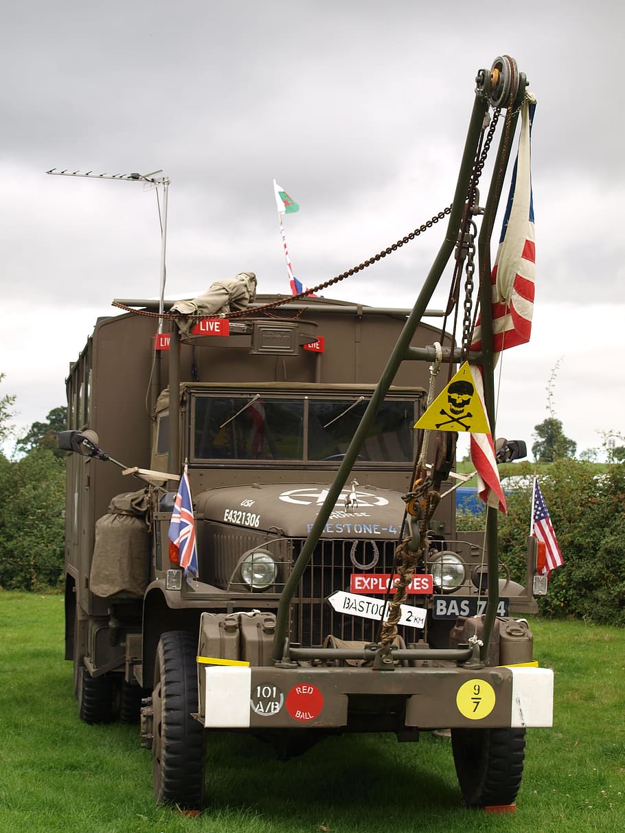 lorry, army, wartime, flag, transportation, mode of transportation HD wallpaper