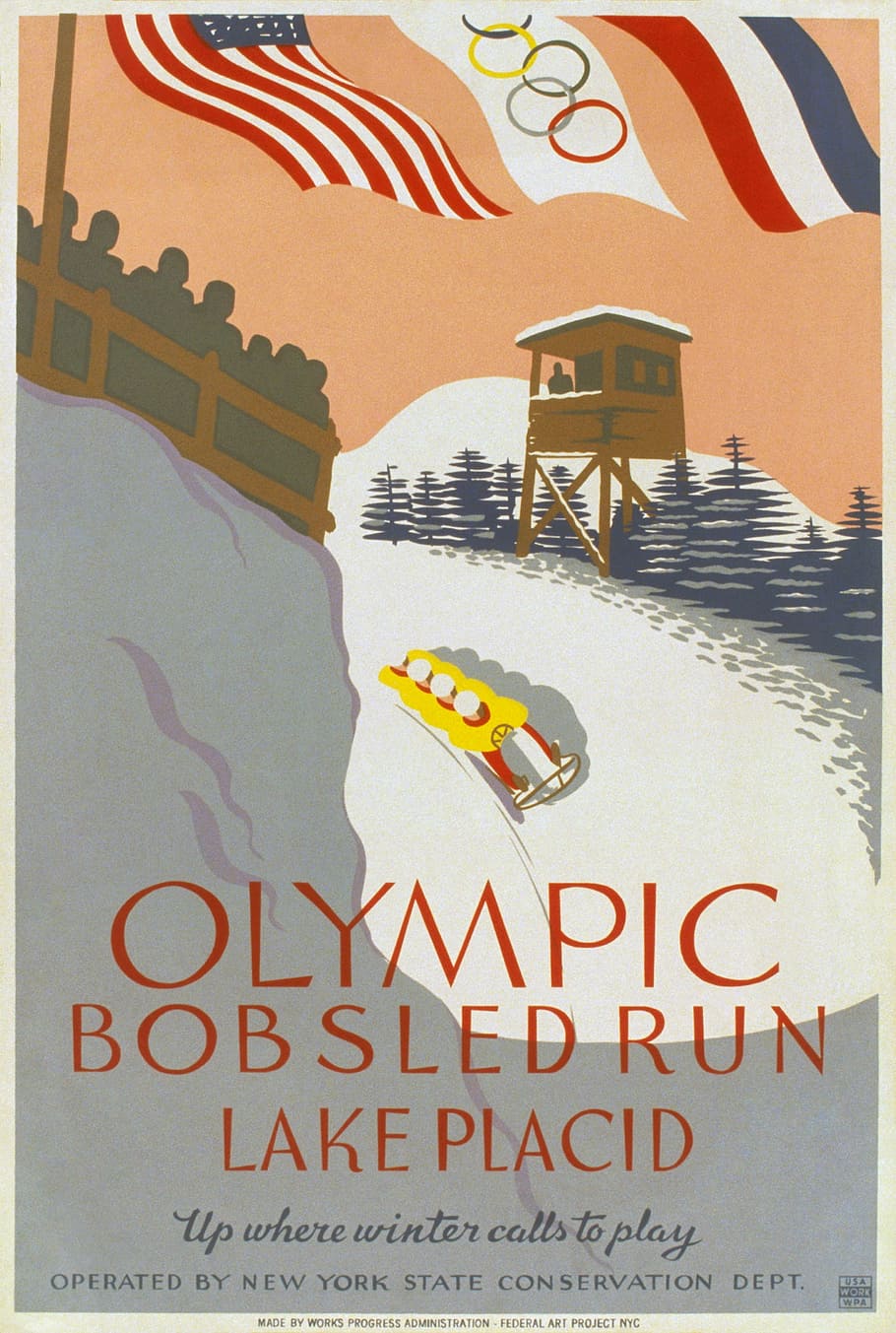 olympic games, bobsleigh, four man, 1932, poster, architecture