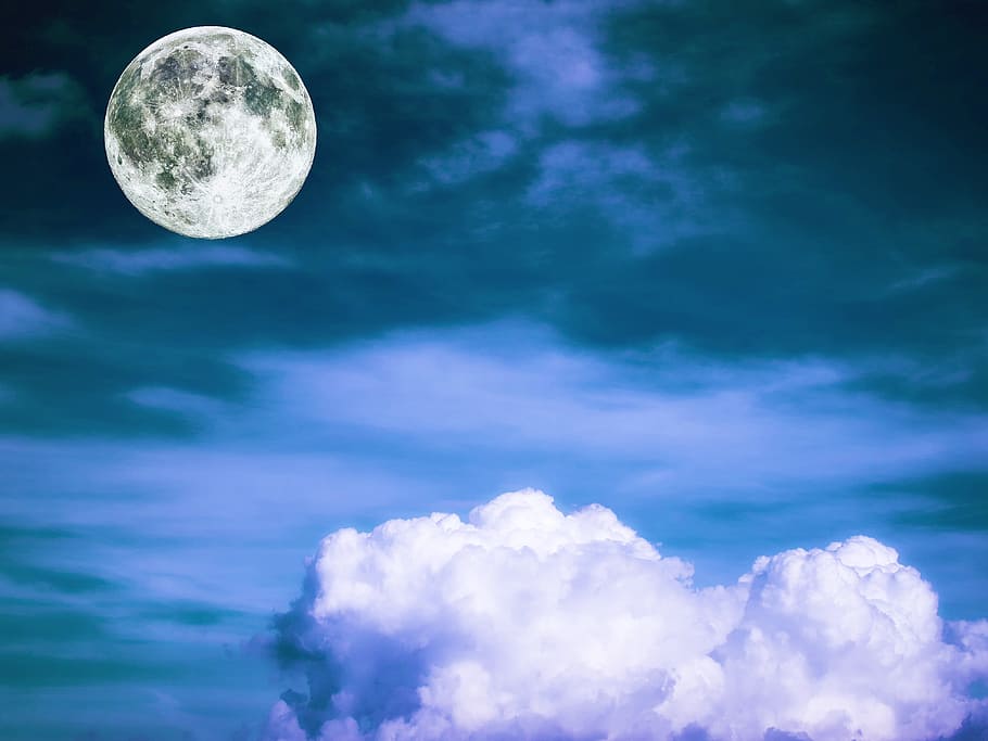 full moon above the cloudy sky, blue, cloud - sky, space, astronomy HD wallpaper