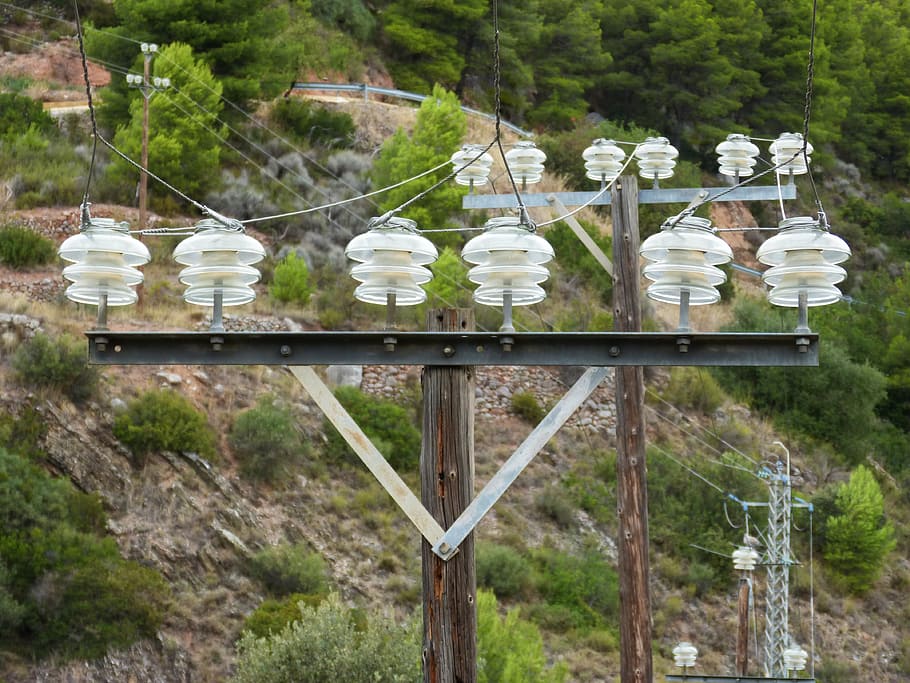 power line, insulators, perspective, tree, plant, no people HD wallpaper