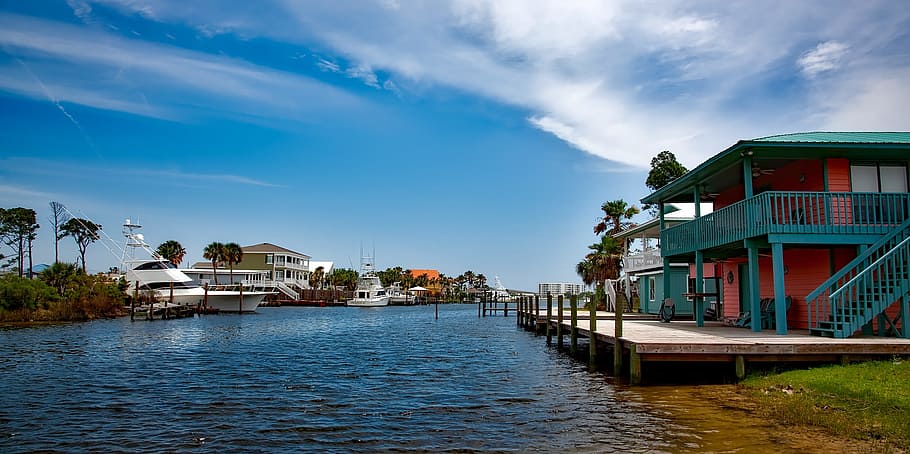 blue and red house near body of water, gulf shores, alabama, sky, HD wallpaper