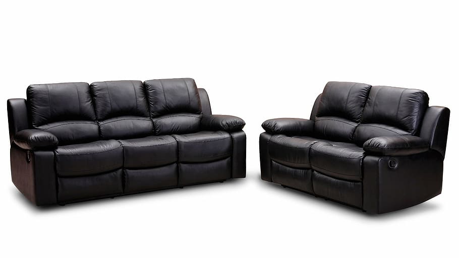 two black leather 2-seat and 3-seat sofas, leather sofa, recliner sofa, HD wallpaper