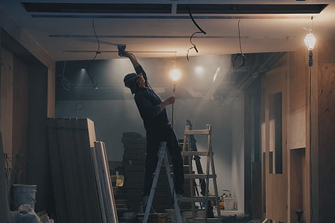 man on white ladder, man standing on A-frame ladder, person, worker HD wallpaper