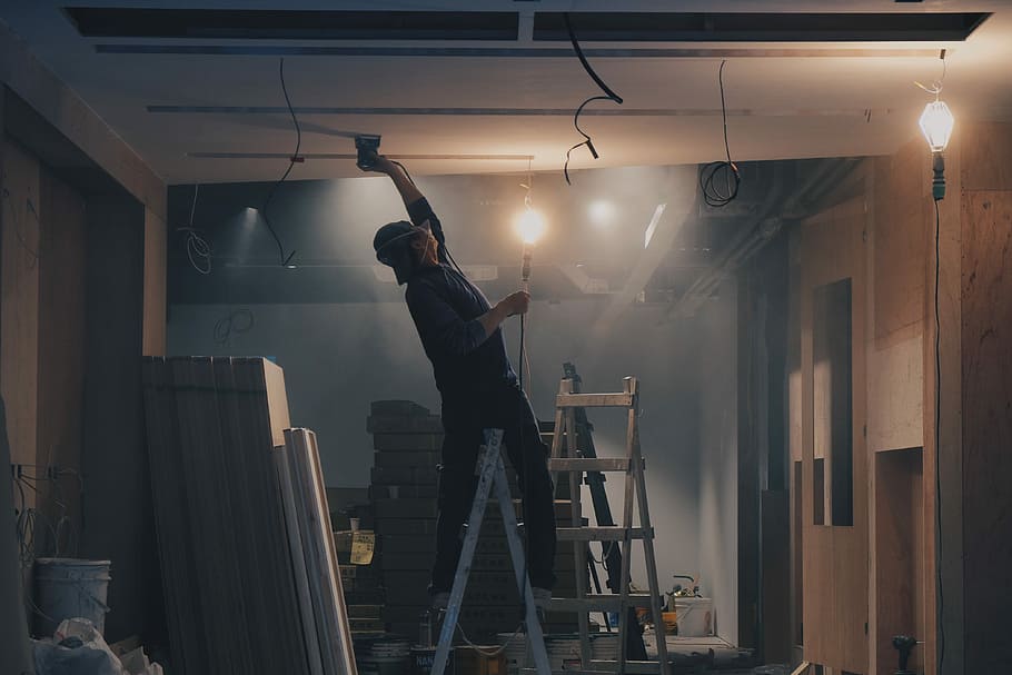 man on white ladder, man standing on A-frame ladder, person, worker HD wallpaper