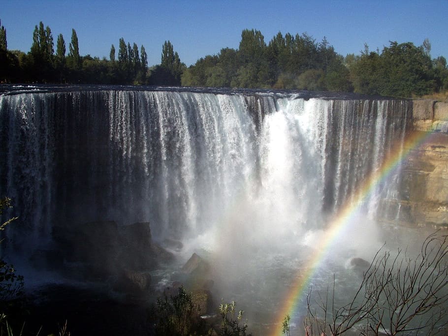 waterfalls and rainbow during daytime, force, water mass, spray