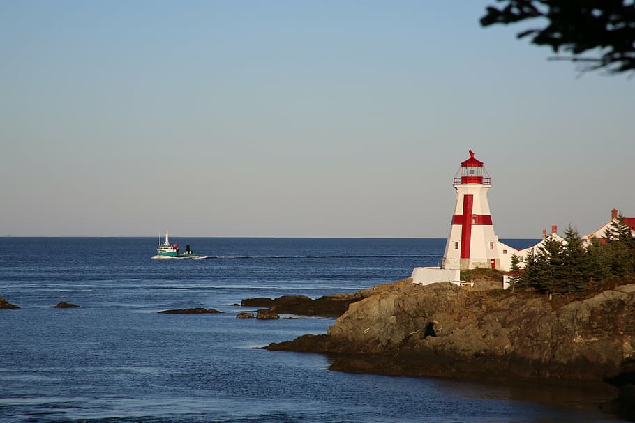 lighthouse, canada, evening, sea, water, rock, coastal, coastline HD wallpaper