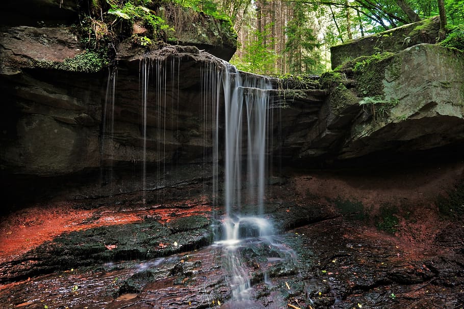 waterfall, forest, spessart, nature, germany, trettstein, tree HD wallpaper