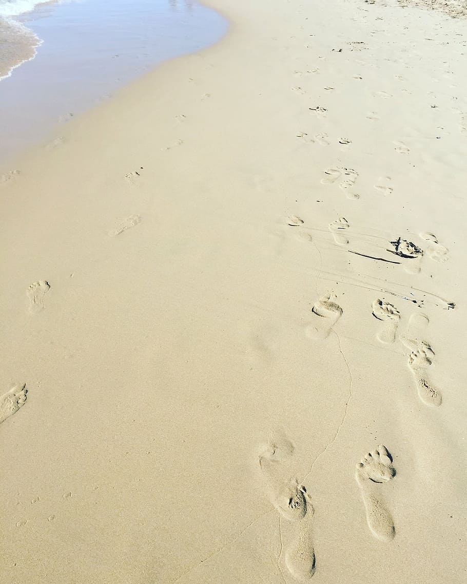sand, sea, footprints, beach, water, summer, sun, land, high angle view HD wallpaper