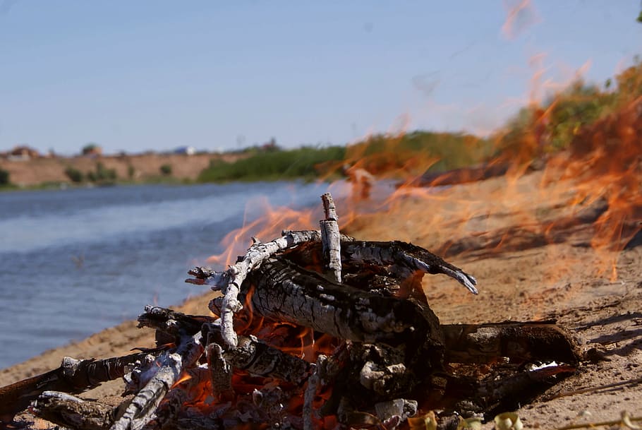 koster, flame, fire, summer, nature, focus on foreground, water HD wallpaper