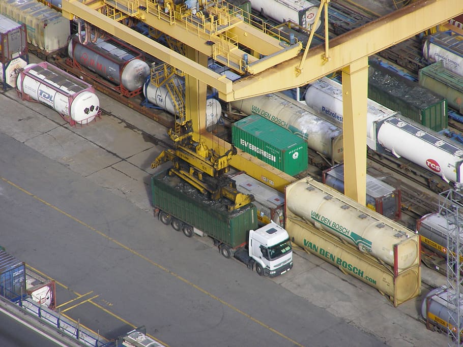 container, container crane, spreader, envelope, truck, transport HD wallpaper