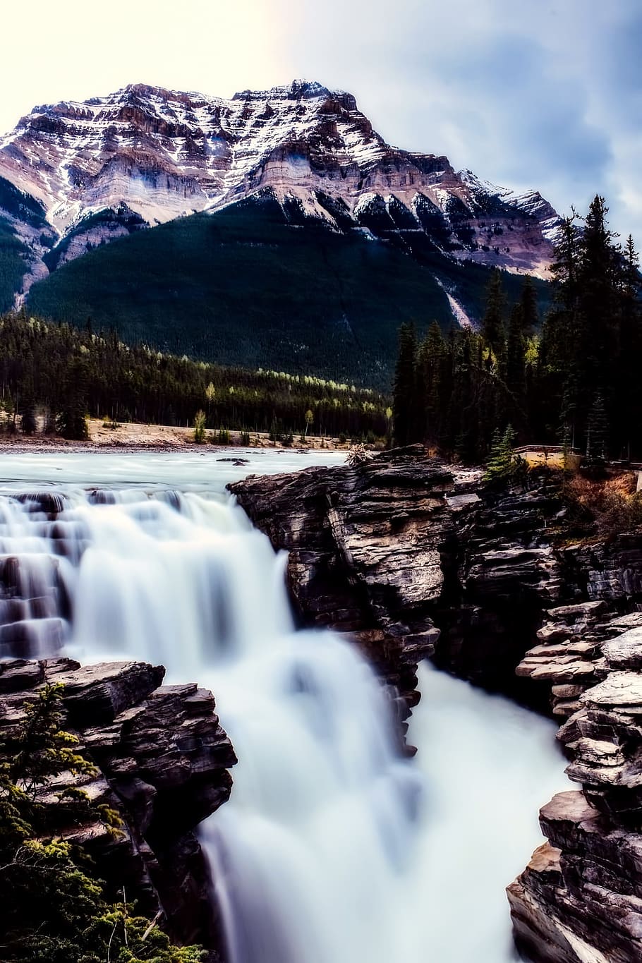 athabasca falls, canada, landscape, mountains, waterfall, forest HD wallpaper