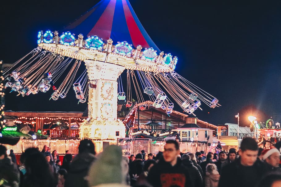 people walking on amusement park during nighttime, photo of swing carousel, HD wallpaper
