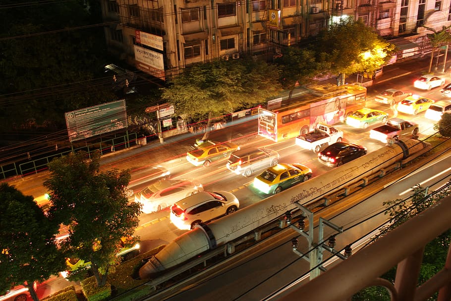 traffic, night, thai, light line, city, architecture, building exterior HD wallpaper