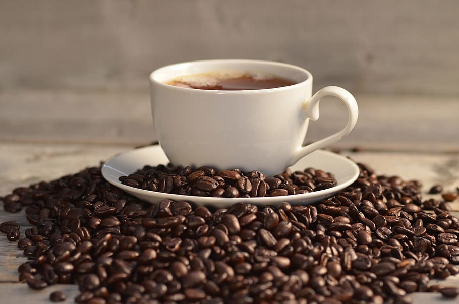 white mug surrounded by coffee beans, drink, beverage, brown HD wallpaper