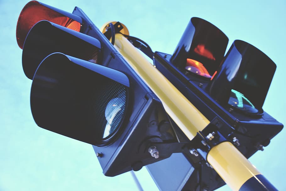 black and yellow traffic light, blue, close-up, sky, technology HD wallpaper