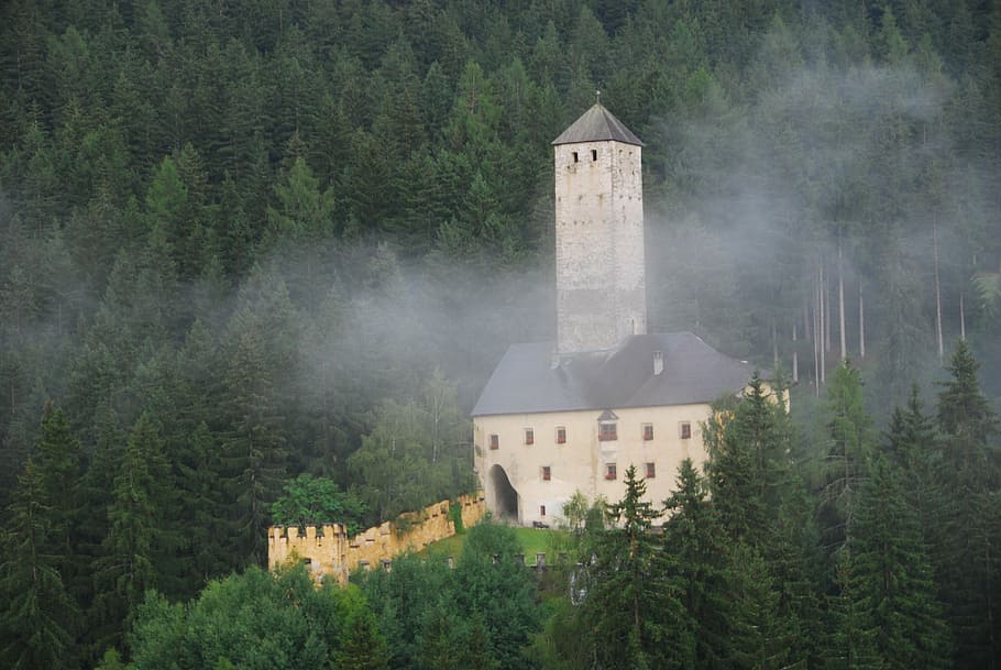 church, cloud, campanile, forest, tree, mountain, trentino HD wallpaper