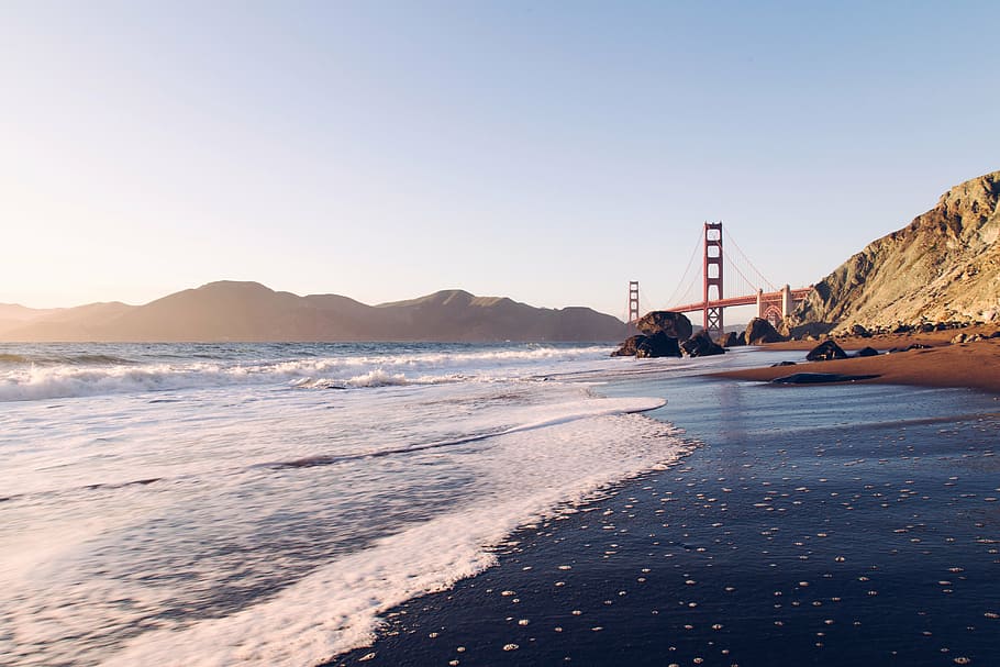 Golden Gate bridge, San Francisco, beach, shore, coast, ocean HD wallpaper