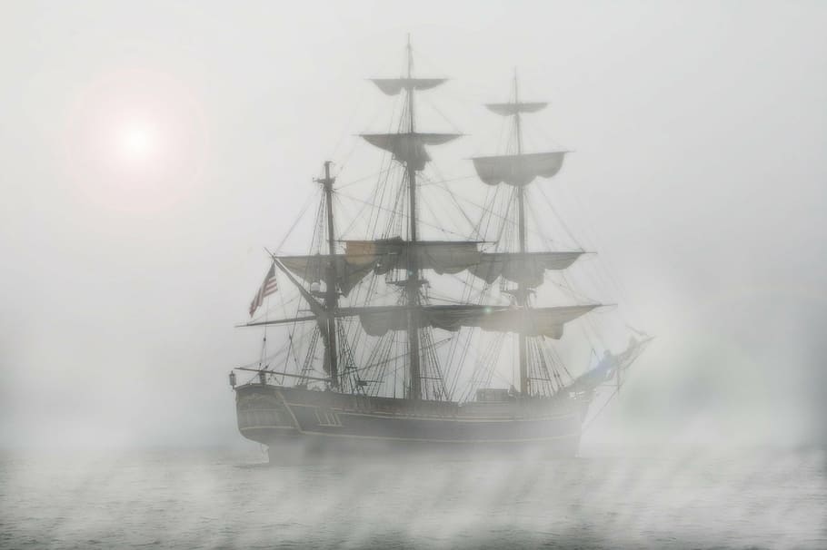 galleon ship illustration, pirates, sailing ship, frigate, fog