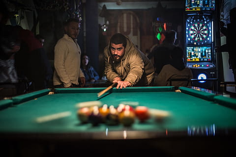 man in brown jacket playing billiard, man wears brown leather zip-up jacket playing billiard HD wallpaper