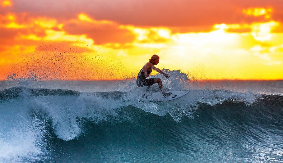 woman surfing during sunset, surfer, wave, the indian ocean, ujung origin coast, HD wallpaper
