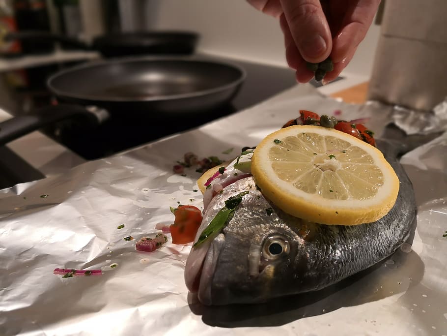 cook, fish, lemon, chef, restaurant, human hand, food, food and drink HD wallpaper