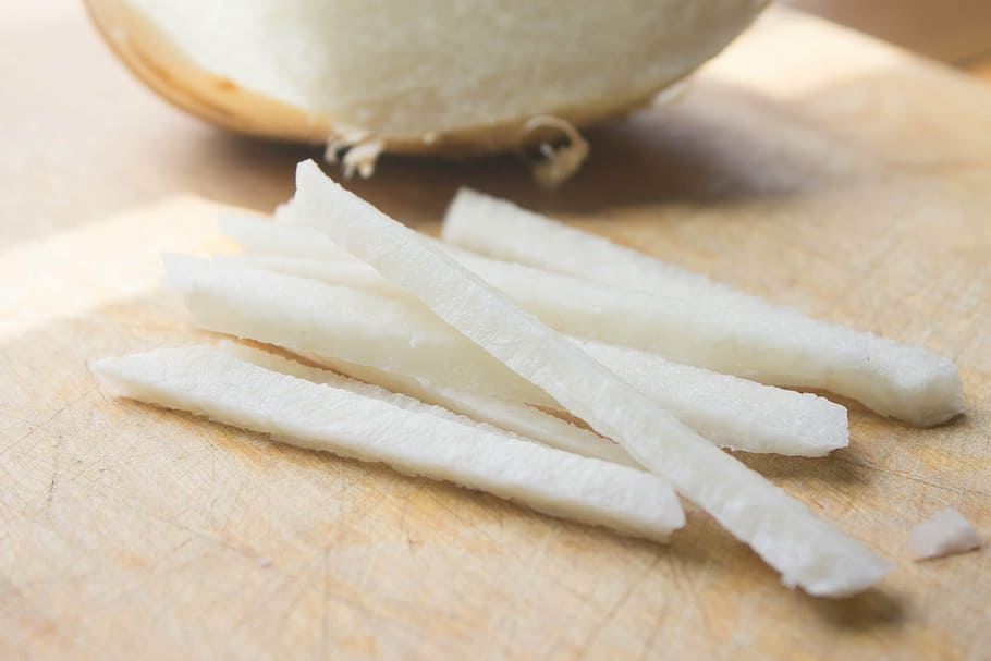sliced turnip on brown wooden surface, jicama, vegetable, fresh HD wallpaper