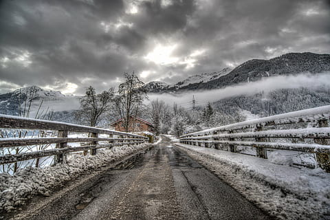 winding road with snow photo, bridge, hdr, horror, mystical HD wallpaper