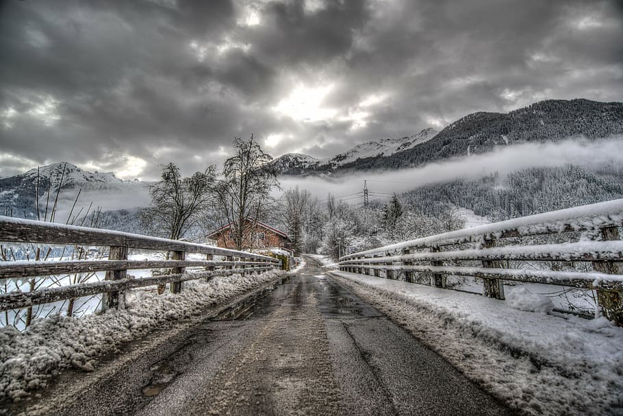 winding road with snow photo, bridge, hdr, horror, mystical HD wallpaper