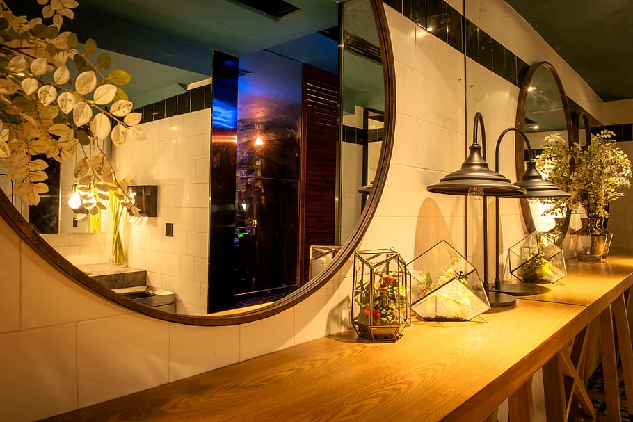 Bar, Interior, Mirror, illuminated, luxury, indoors, night HD wallpaper