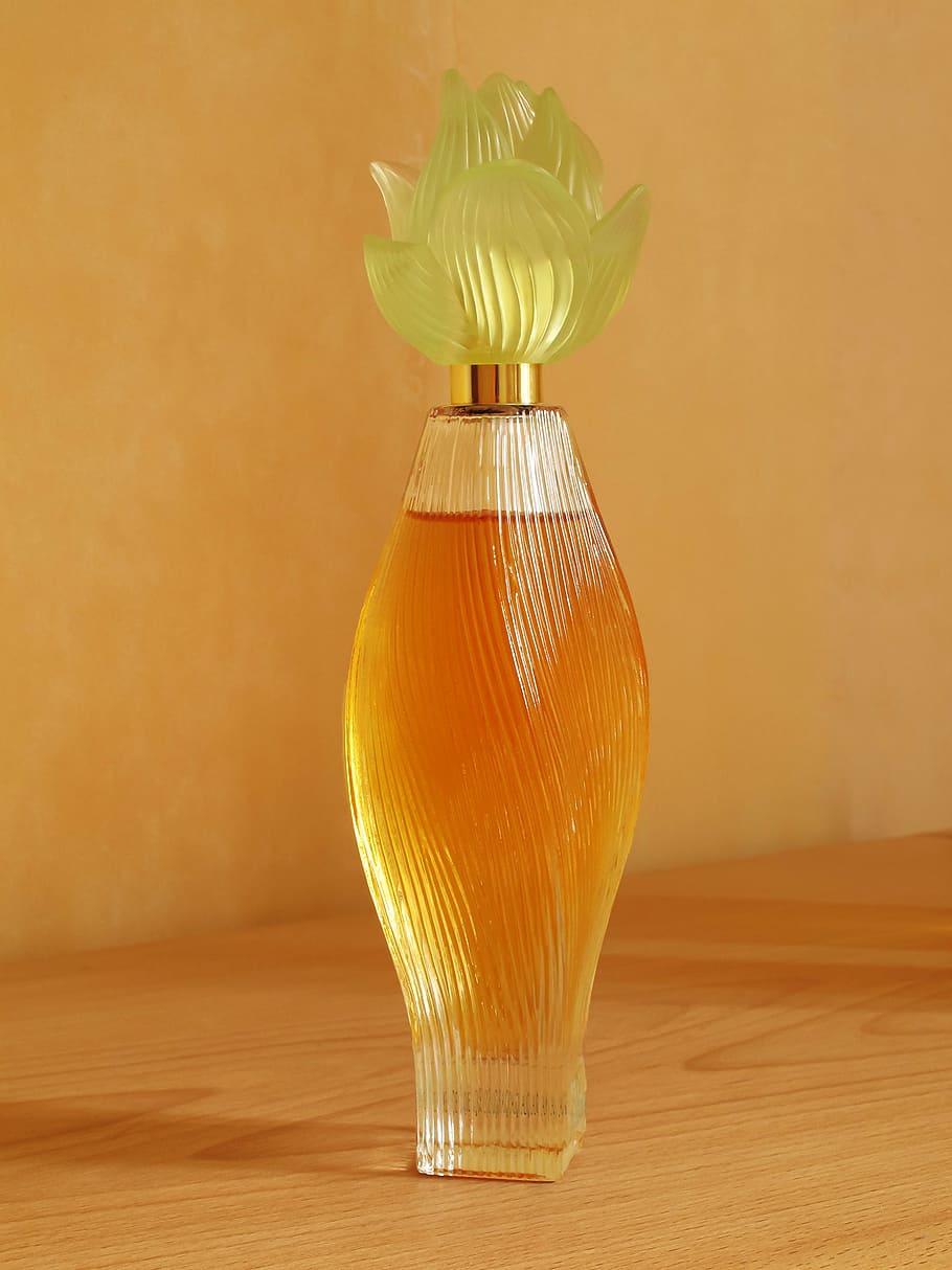 clear glass perfume bottle, cap, flower, table, indoors, glass - material HD wallpaper