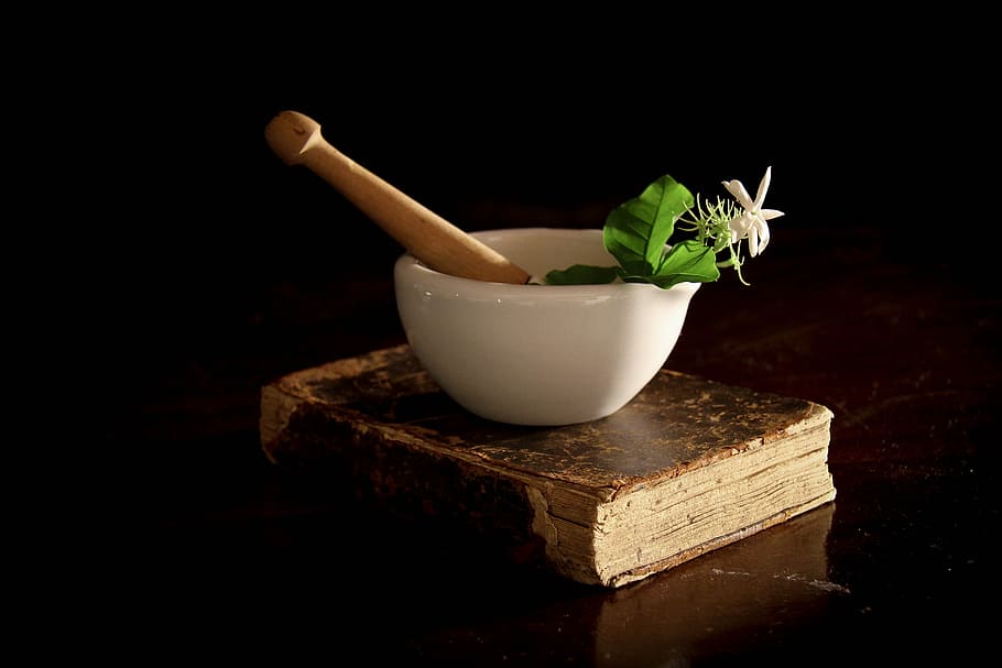 white and brown mortar and pestle on brown book, pharmacy, pharmacist, HD wallpaper