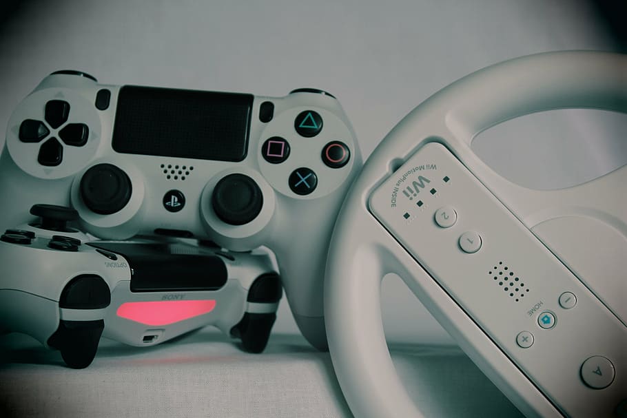 Nintendo Wii controller and Sony PS4 Dual Shock controllers, gaming, HD wallpaper