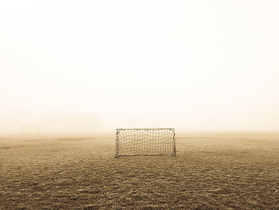 gray goal net on grassfield, nature, landscape, soil, dirt HD wallpaper