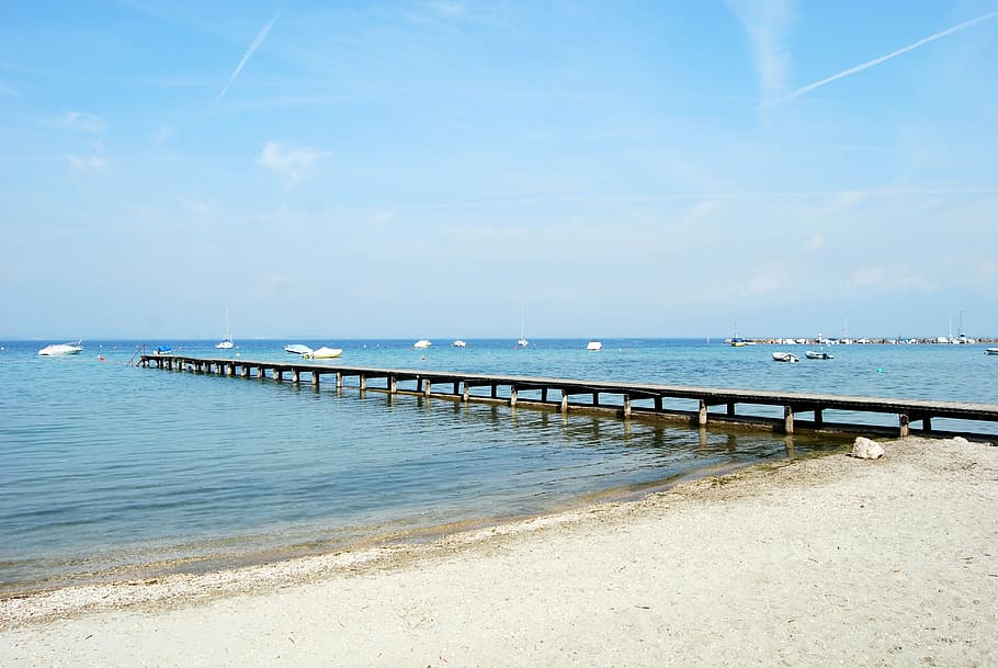 lake, garda, jetty, pacengo, italy, blue, water, nature, sea HD wallpaper