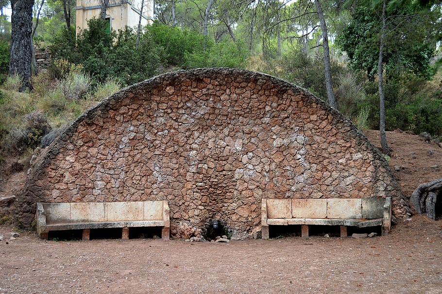 stone fountain, source, architecture, spain, cano, stone benches HD wallpaper