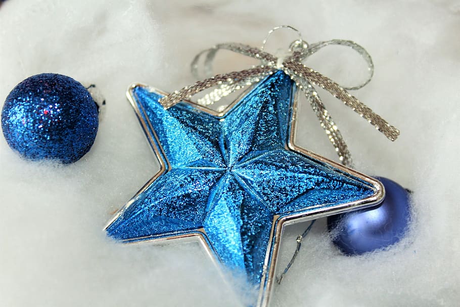 blue star and ball ornaments, christmas, decoration, background HD wallpaper