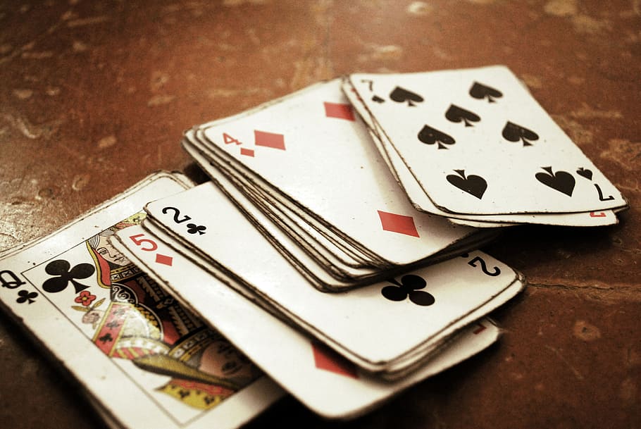 deck of playing cards on brown wooden table top, letters, game HD wallpaper