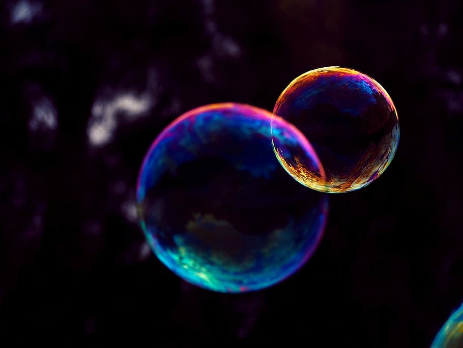 closeup photo of two bubbles, macro photography of bubbles, iridescent HD wallpaper