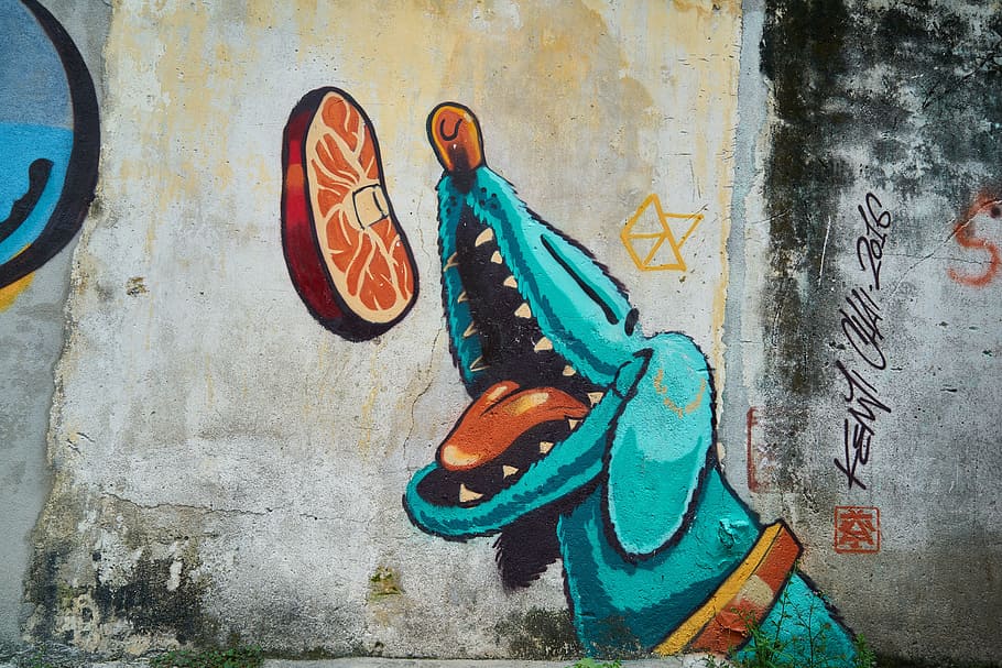 teal dog artwork painting, funny, enjoyable, entertainment, graffiti, HD wallpaper