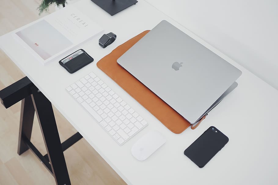 Office desktop with laptop and iPhone, technology, computer, design, HD wallpaper