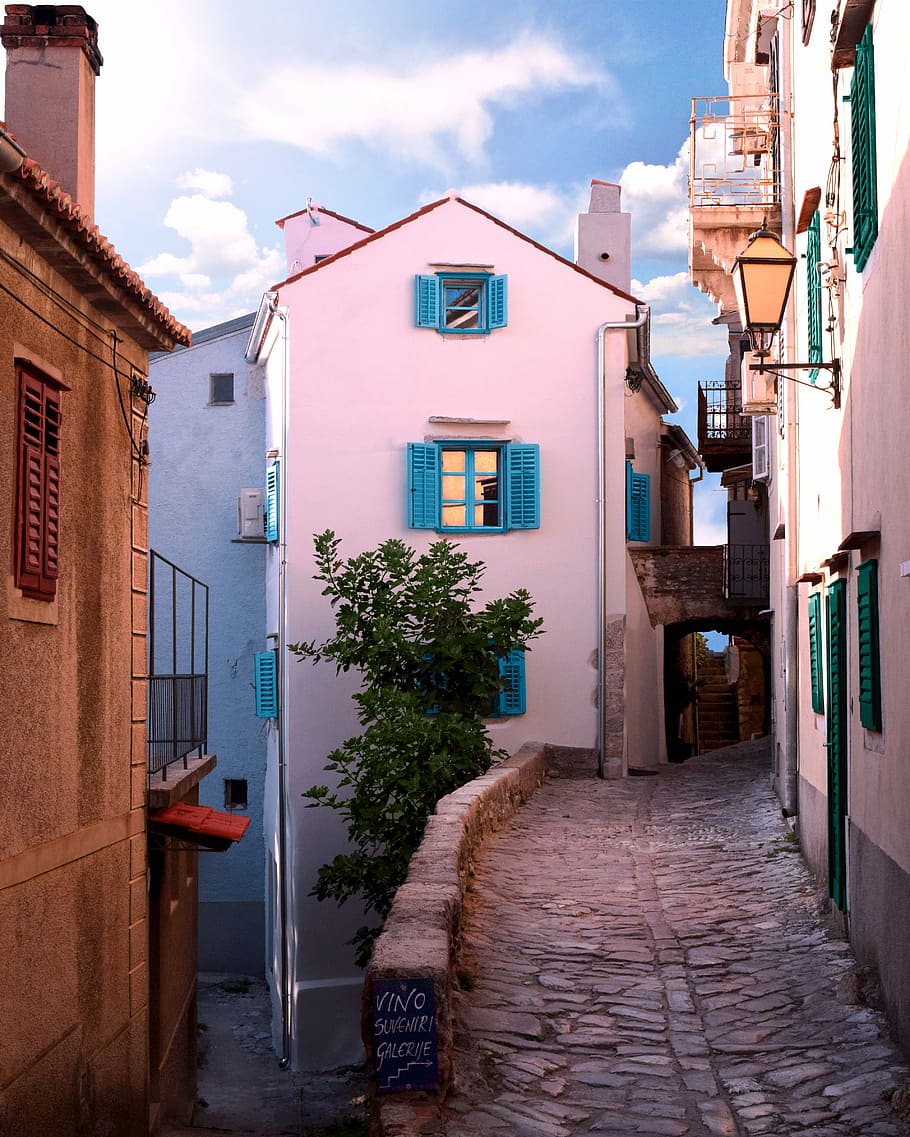 white and blue concrete house with green plant, photo of streets during daytime HD wallpaper