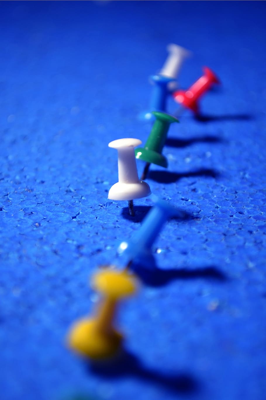 shallow focus photography of seven assorted-color pins, thumbtack