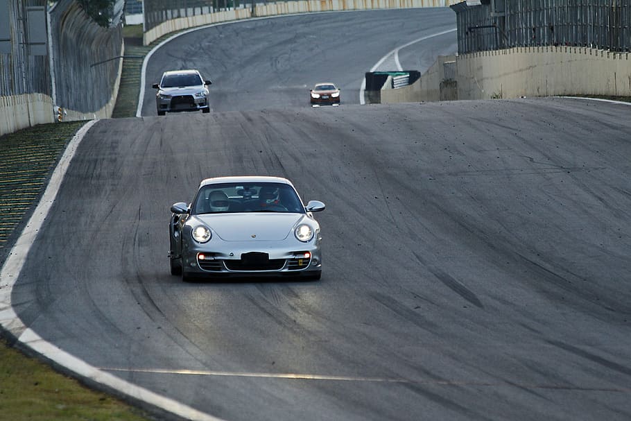 silver car in middle of street road, porsche, track, 911, evolution HD wallpaper